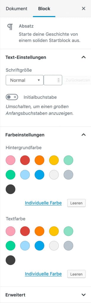 Screenshot der Absatz-Einstellungen in der Seitenleiste.