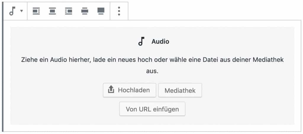 Screenshot des Audio-Blocks, ohne das Inhalt hinzugefügt wurde.