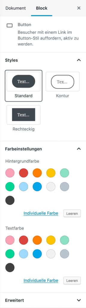 Screenshot der Button-Einstellungen in der Seitenleiste.