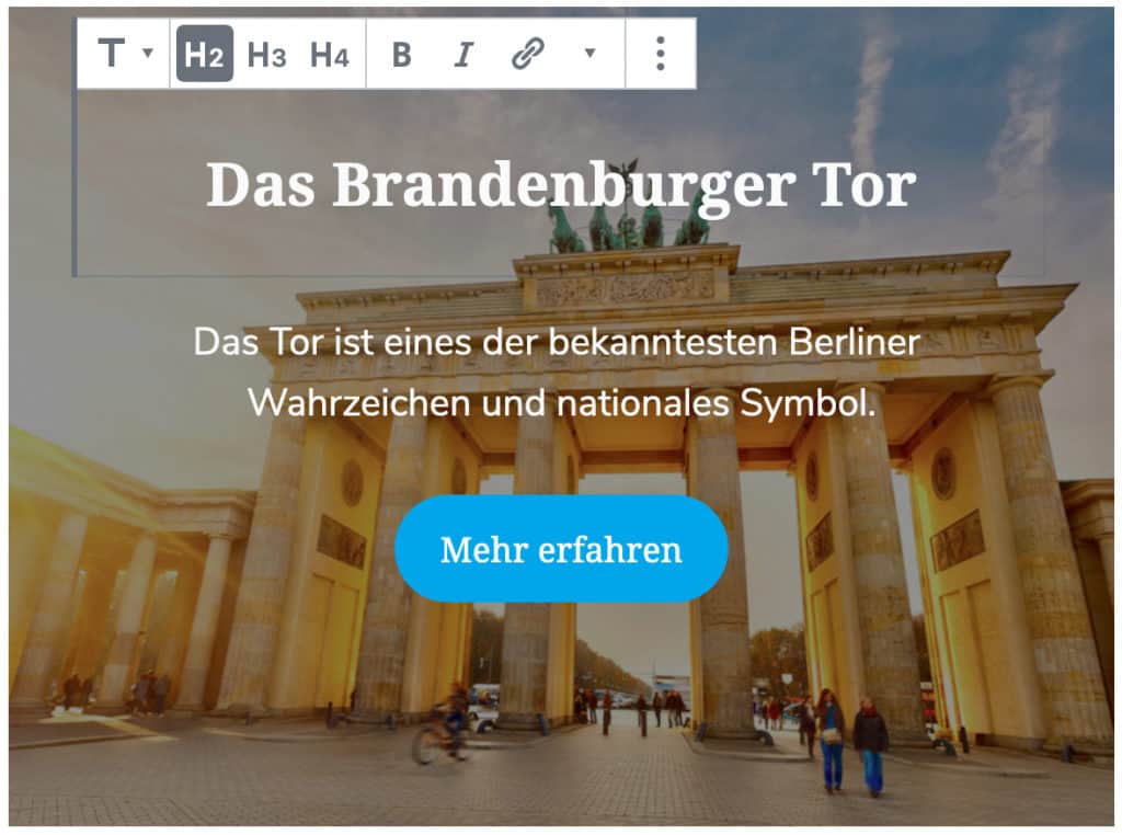 Screenshot des Cover-Blocks, bei dem die hinzugefügte Überschrift auf dem Cover bearbeitet wird. Zusätzlich zur Überschrift ist ein Text und ein Button zu sehen.