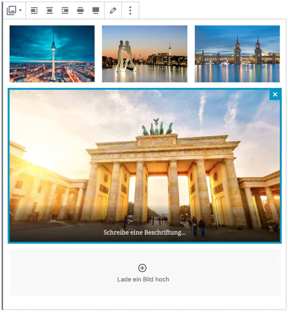 Screenshot des Galerie-Blocks, bei dem vier Beispielbilder Berliner Gebäude hinzugefügt wurden. Das unterste Bild ist im Fokus.