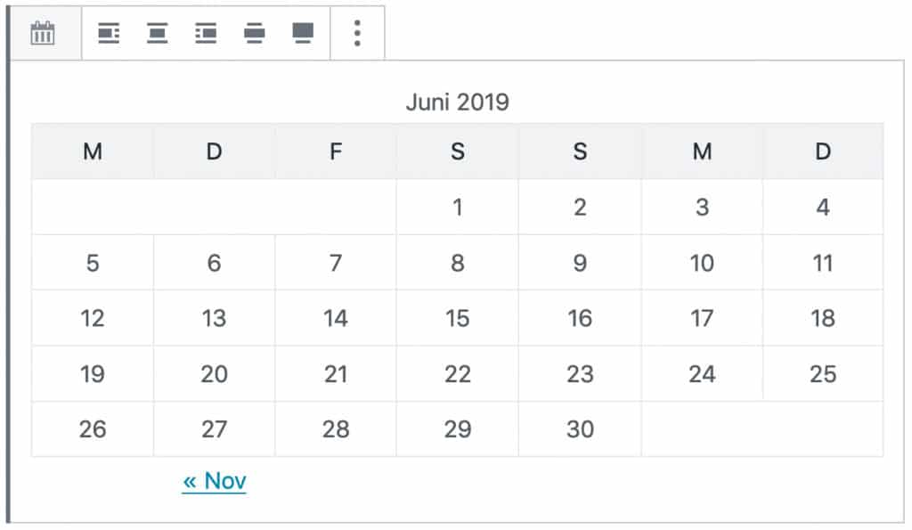 Screenshot des Kalender-Blocks. Dargestellt wird eine tabellarische Übersicht von Juni 2019.