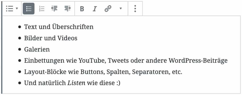 Screenshot des Listen-Blocks, als Beispiel wurden sechs Punkte mit Beispiel-Text zur Liste hinzugefügt.