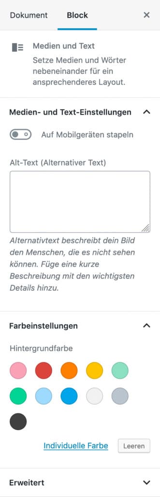 Screenshot der Medien-und-Text-Einstellungen in der Seitenleiste.