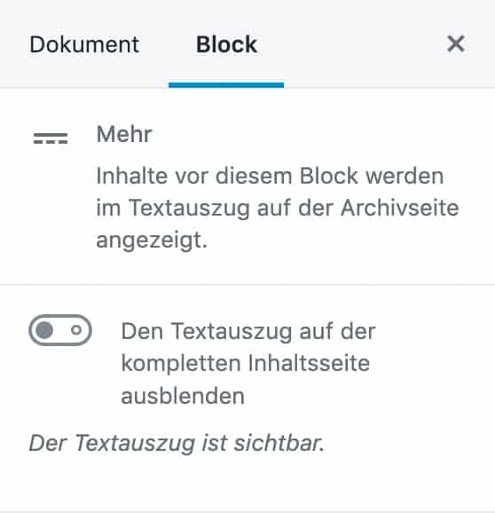 Screenshot der Mehr-Einstellungen in der Seitenleiste.