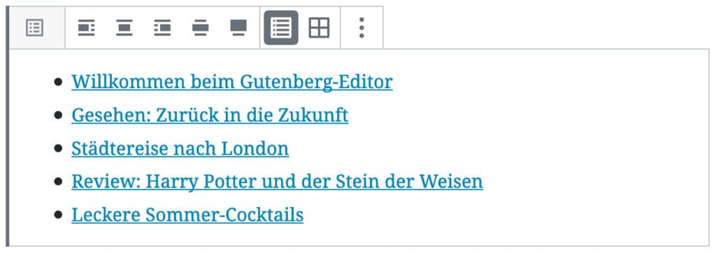 Screenshot des Neue-Beiträge-Blocks, mit Beispiel-Beiträgen in der Listenansicht.