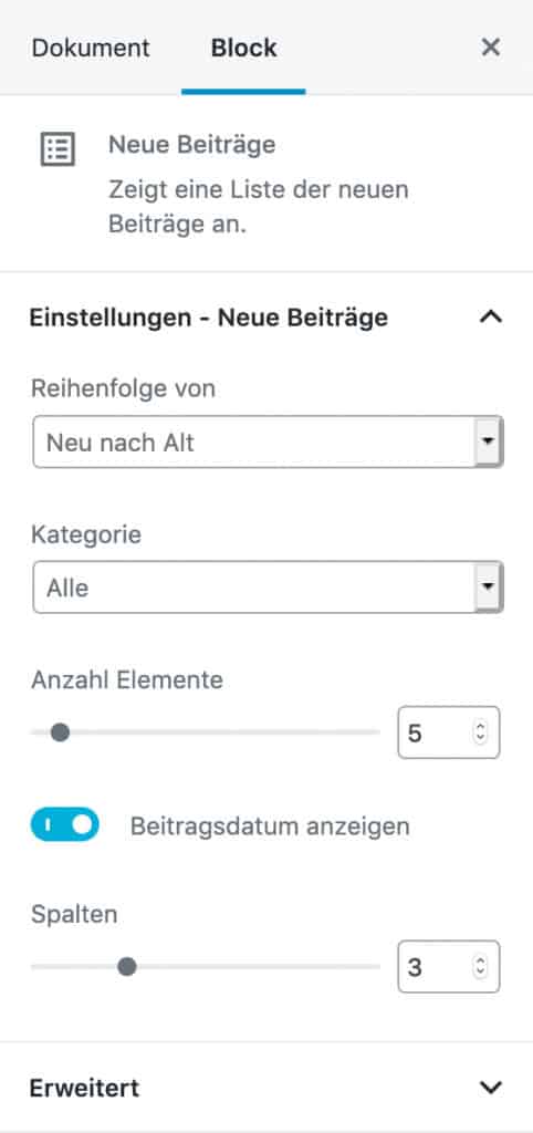 Screenshot der Neue-Beiträge-Einstellungen in der Seitenleiste.