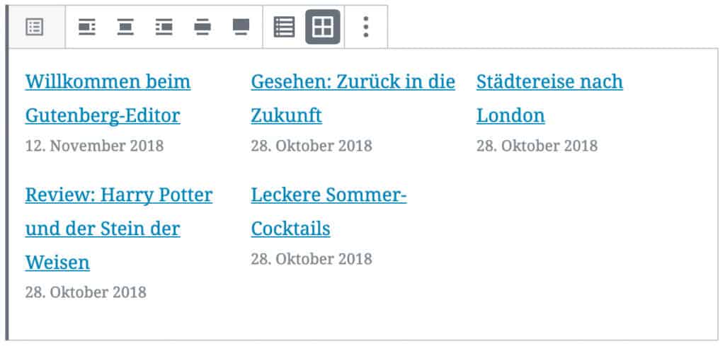 Screenshot des Neue-Beiträge-Blocks, mit Beispiel-Beiträgen in der Rasteransicht.