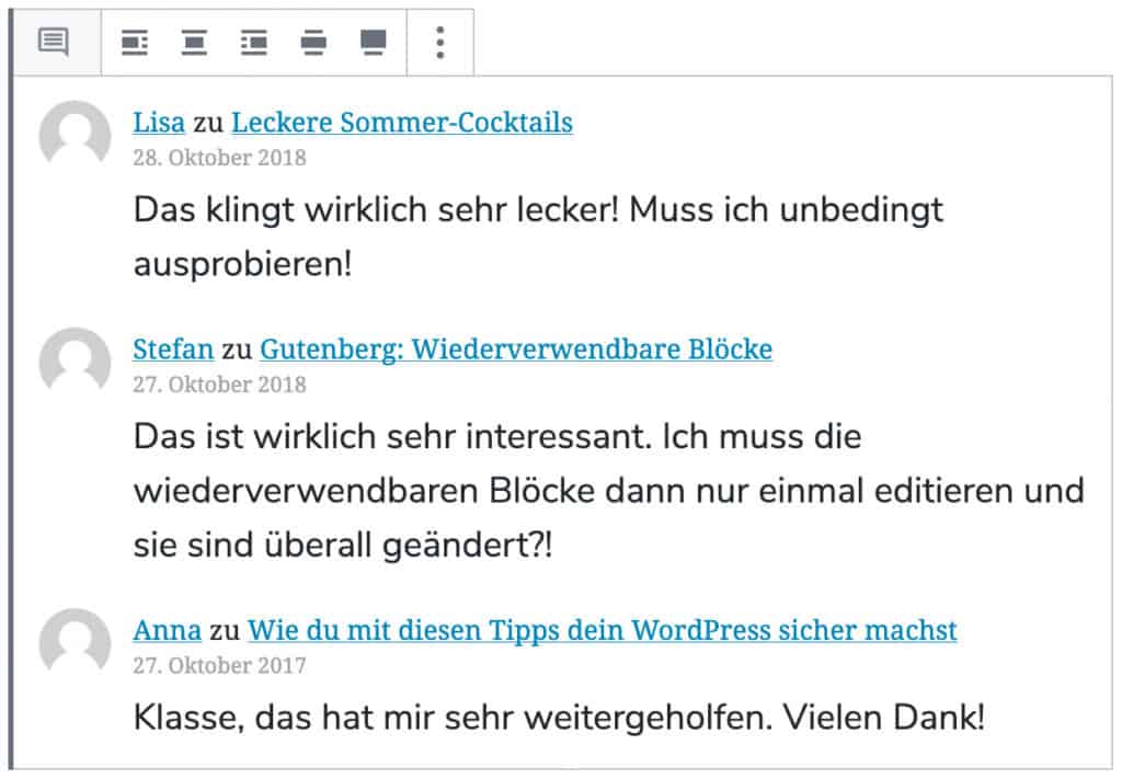 Screenshot des Neue-Kommentare-Blocks, mit drei Beispiel-Kommentaren.