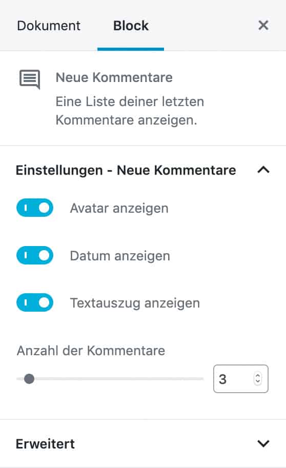 Screenshot der Neue-Kommentare-Einstellungen in der Seitenleiste.
