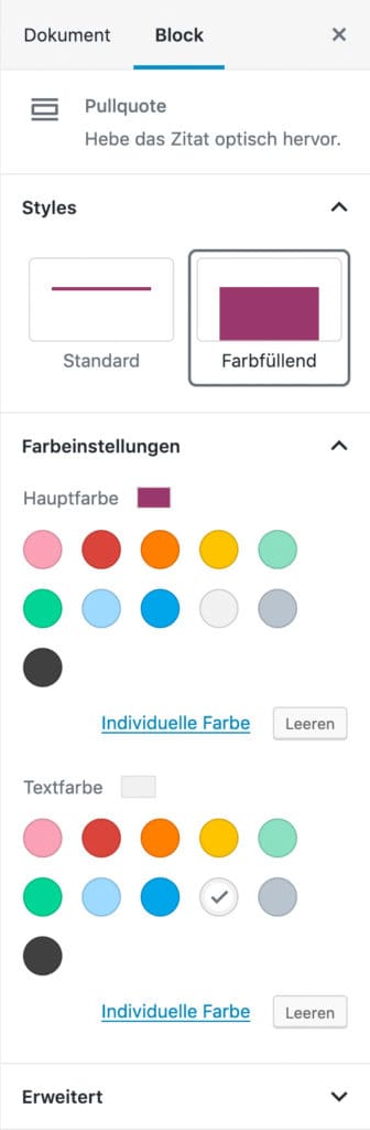 Screenshot der Pullquote-Einstellungen in der Seitenleiste.