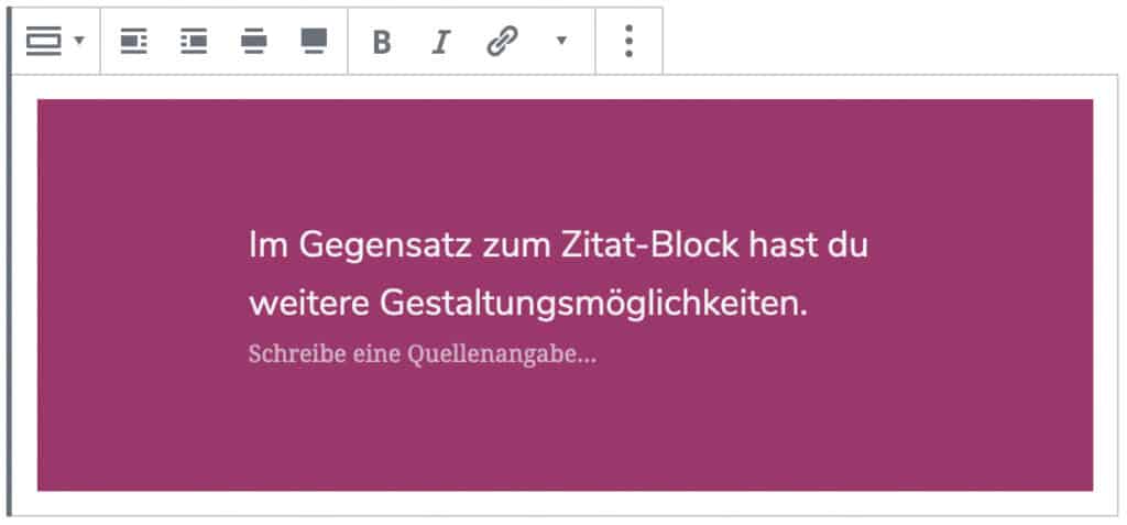 Screenshot des Pullquote-Blocks, nachdem ein Zitat hinzugefügt wurde und der Stil geändert wurde.