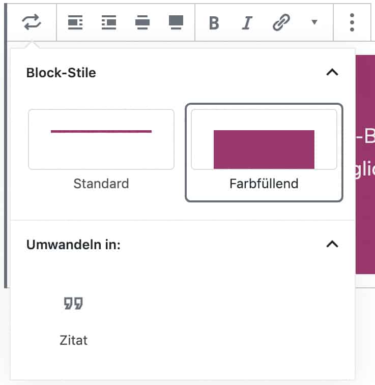 Screenshot des geöffneten Stil- und Umwandeln-Fensters eines Pullquote-Blocks.