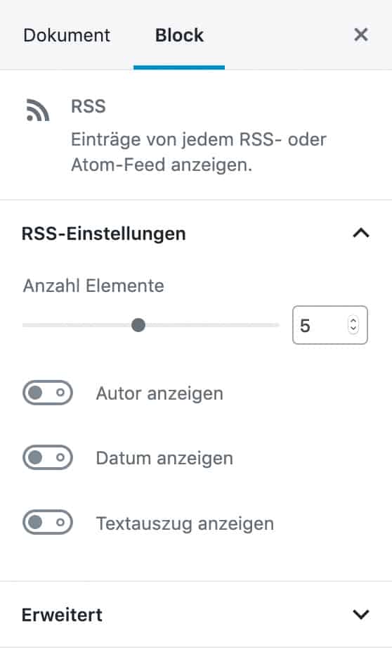 Screenshot der RSS-Block-Einstellungen in der Sidebar.