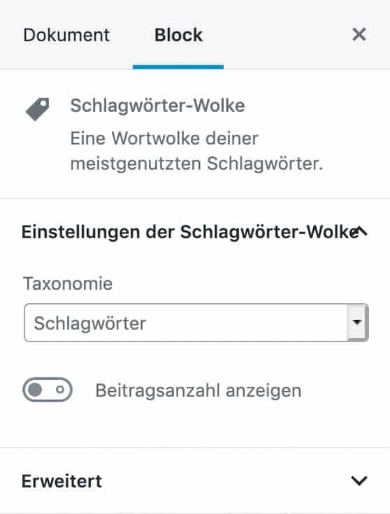 Screenshot der Einstellungen des Schlagwörter-Wolke-Blocks in der Sidebar.