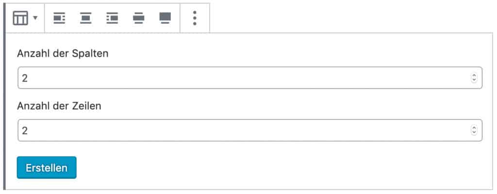 Screenshot des Tabellen-Blocks, ohne das Inhalt hinzugefügt wurde. Es wird die gewünschte Anzahl der Spalten und Zeilen abgefragt.