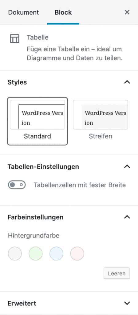 Screenshot der Tabellen-Einstellungen in der Seitenleiste.
