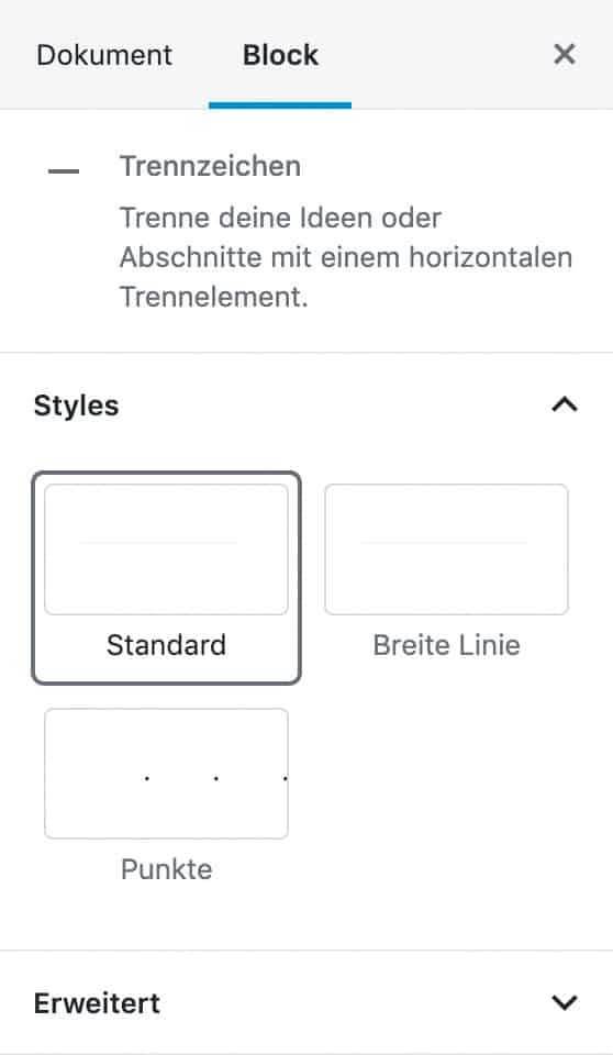 Screenshot der Trennzeichen-Einstellungen in der Seitenleiste.