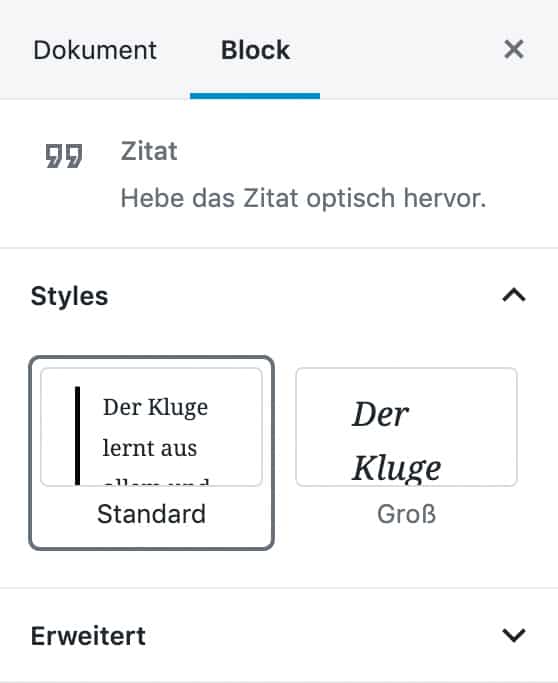 Screenshot der Zitat-Einstellungen in der Seitenleiste.
