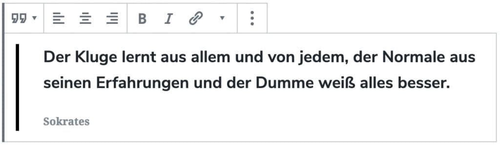 Screenshot des Zitat-Blocks, bei dem ein Beispielzitat von Sokrates hinzugefügt wurde.