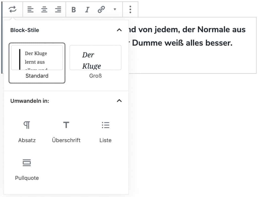 Screenshot des geöffneten Stil- und Umwandeln-Fensters eines Zitat-Blocks.