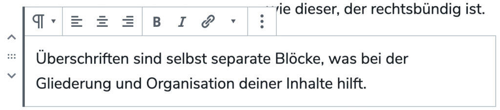 Screenshot eines Absatz-Blocks mit sichtbaren Positierungs-Elementen links vom Block.