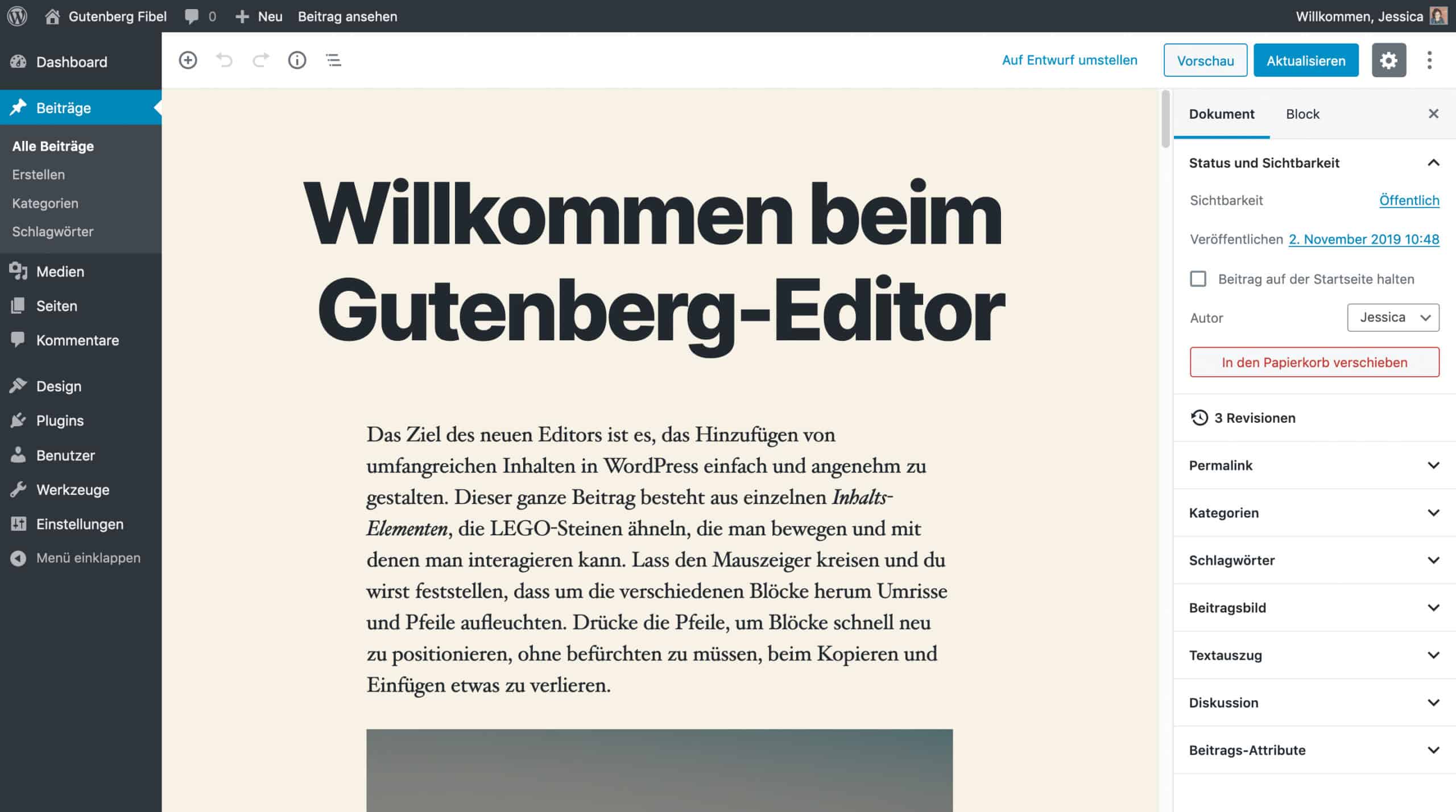 Ein Screenshot des WordPress Block-Editors. Es zeigt einen Beispiel-Beitrag.
