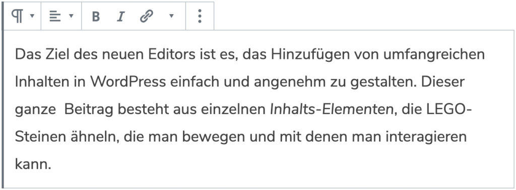 Screenshot des Absatz-Blocks, mit einem hinzugefügtem Beispieltext.