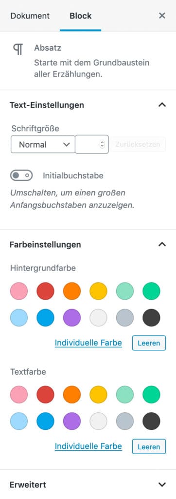 Screenshot der Absatz-Einstellungen in der Seitenleiste.