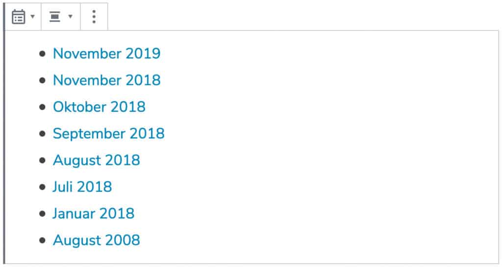 Screenshot des Archive-Blocks, mit einer Beispiel-Liste.