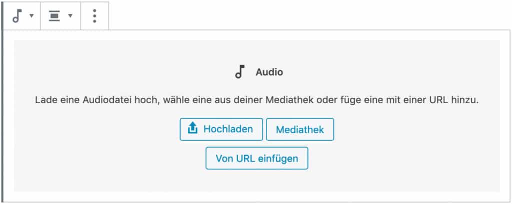Screenshot des Audio-Blocks, ohne das Inhalt hinzugefügt wurde.