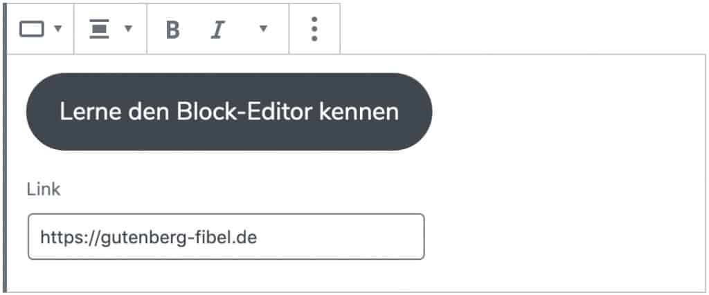 Screenshot des Button-Blocks, es wurde die Button-Beschriftung und eine URL hinzugefügt.