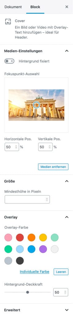Screenshot der Cover-Einstellungen in der Seitenleiste.