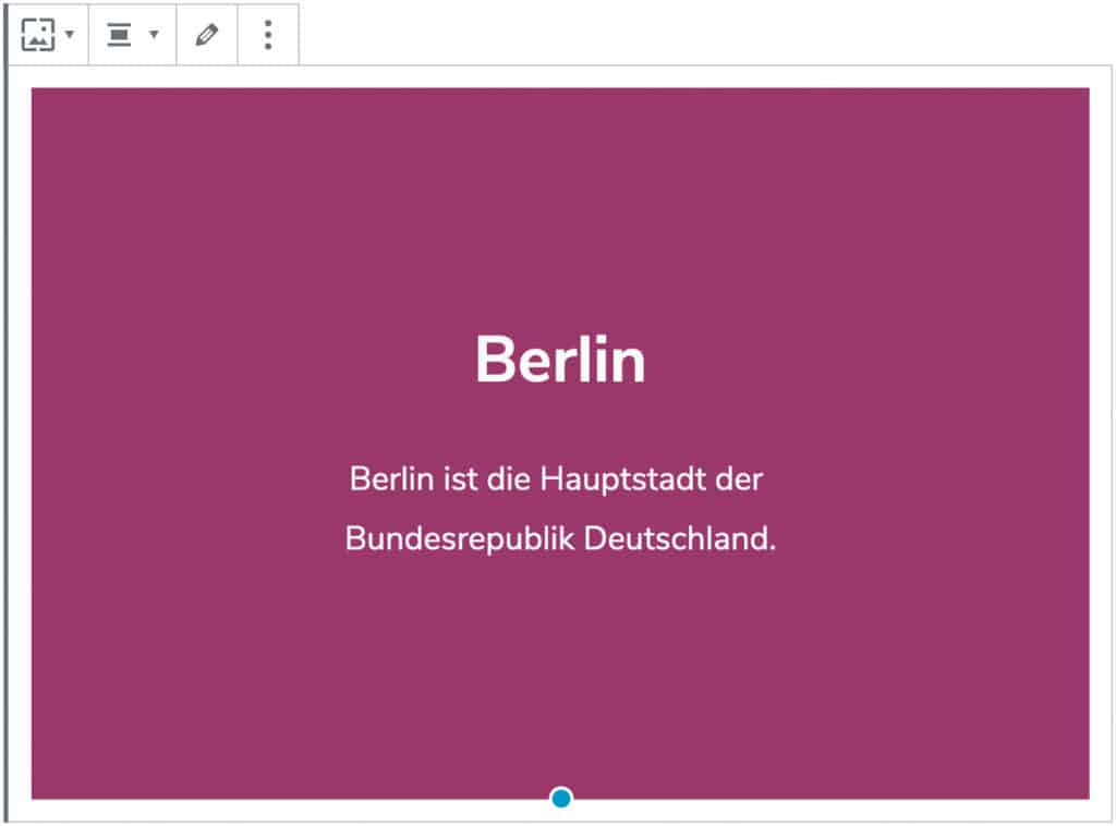 Screenshot eines Cover-Blocks, bei dem nur die Hintergrundfarbe gesetzt und eine Überschrift und ein Text hinzugefügt wurde.