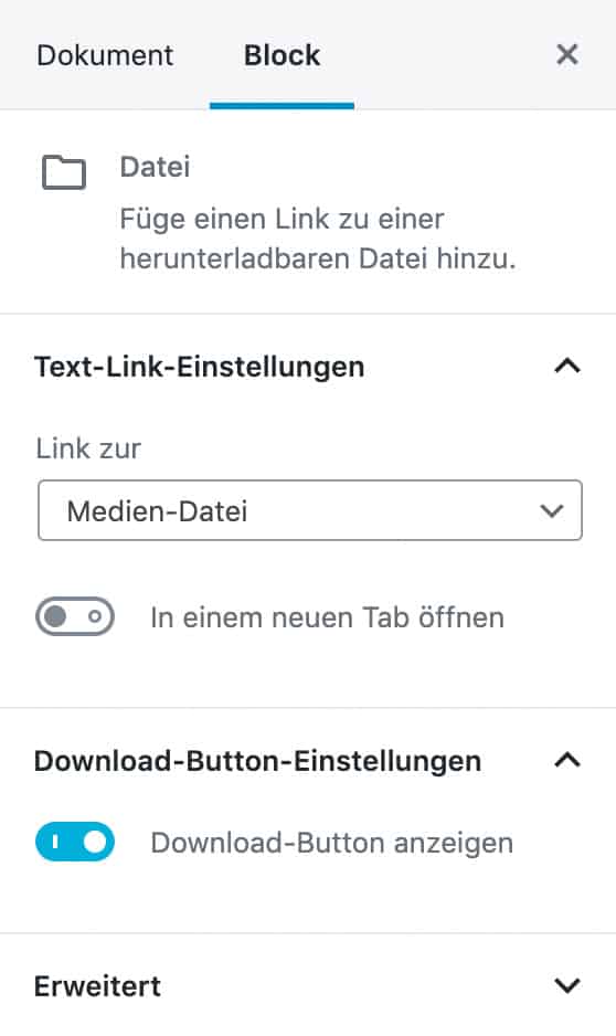 Screenshot der Datei-Einstellungen in der Seitenleiste.