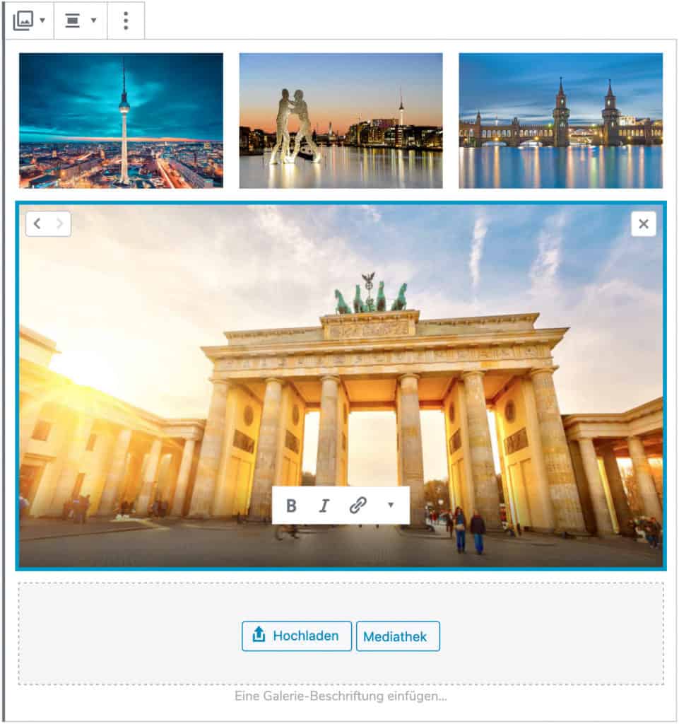 Screenshot des Galerie-Blocks, bei dem vier Beispielbilder Berliner Gebäude hinzugefügt wurden. Das untere Bild ist im Fokus, alle Editier-Optionen werden angezeigt.