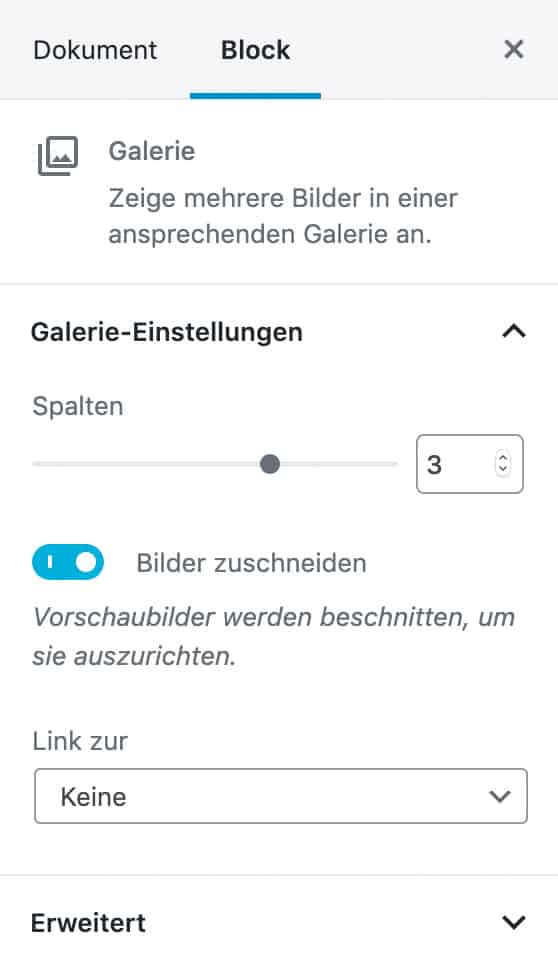 Screenshot der Galerie-Einstellungen in der Seitenleiste.