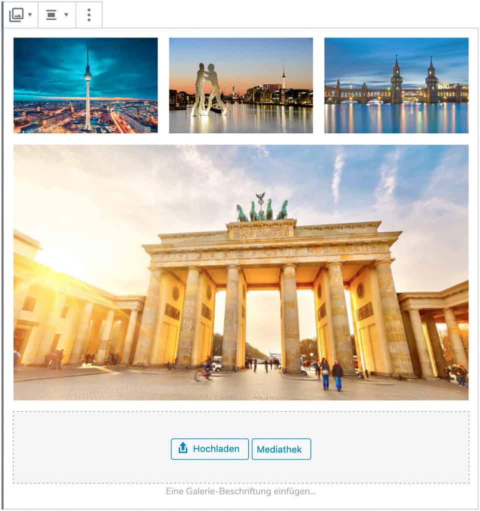Screenshot des Galerie-Blocks, bei dem vier Beispielbilder Berliner Gebäude hinzugefügt wurden.