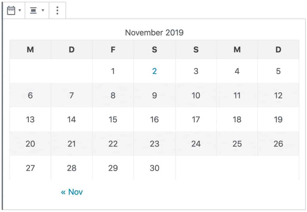Screenshot des Kalender-Blocks. Dargestellt wird eine tabellarische Übersicht von November 2019.