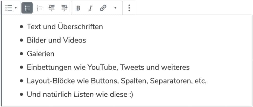 Screenshot des Listen-Blocks, als Beispiel wurden sechs Punkte mit Beispiel-Text zur Liste hinzugefügt.
