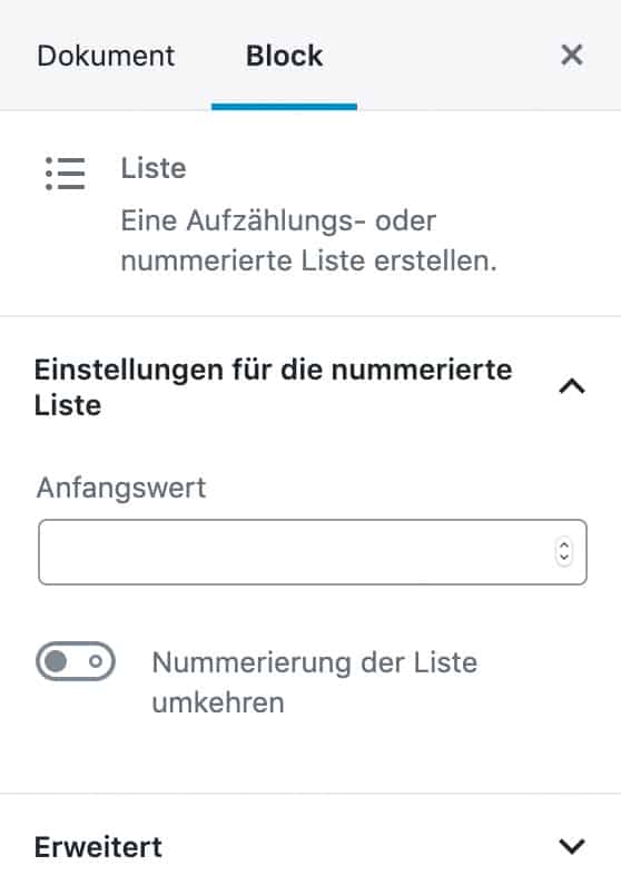 Screenshot der Listen-Einstellungen in der Seitenleiste.