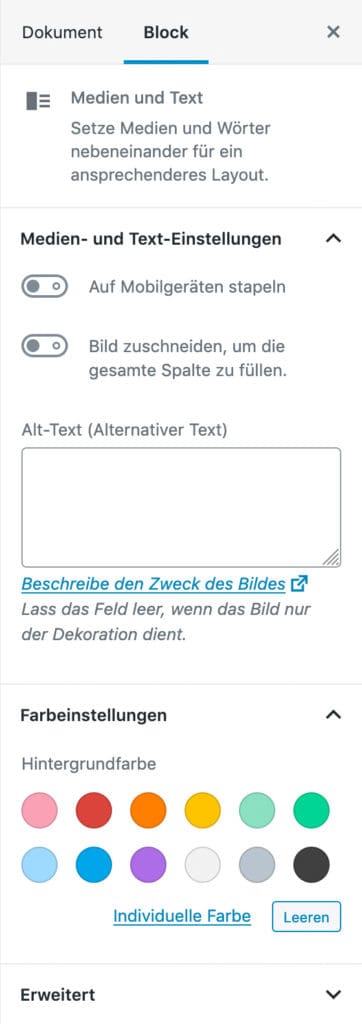Screenshot der Medien-und-Text-Einstellungen in der Seitenleiste.