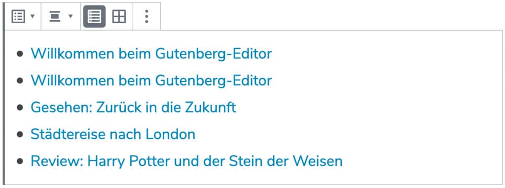 Screenshot des Neueste-Beiträge-Blocks, mit Beispiel-Beiträgen in der Listenansicht.