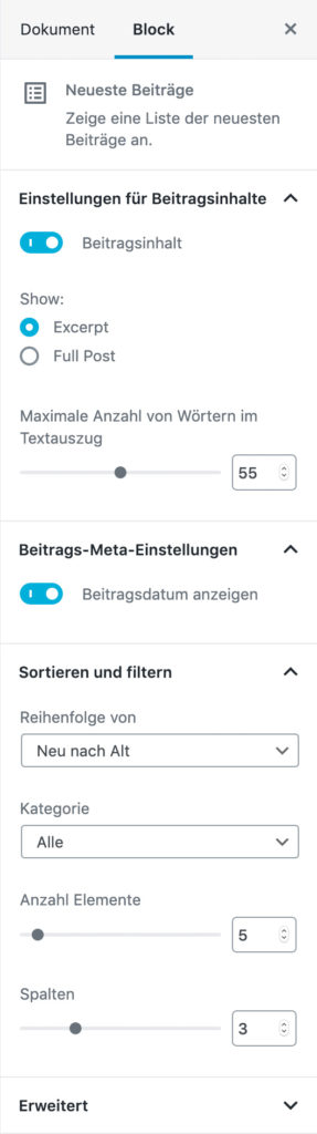Screenshot der Neueste-Beiträge-Einstellungen in der Seitenleiste.