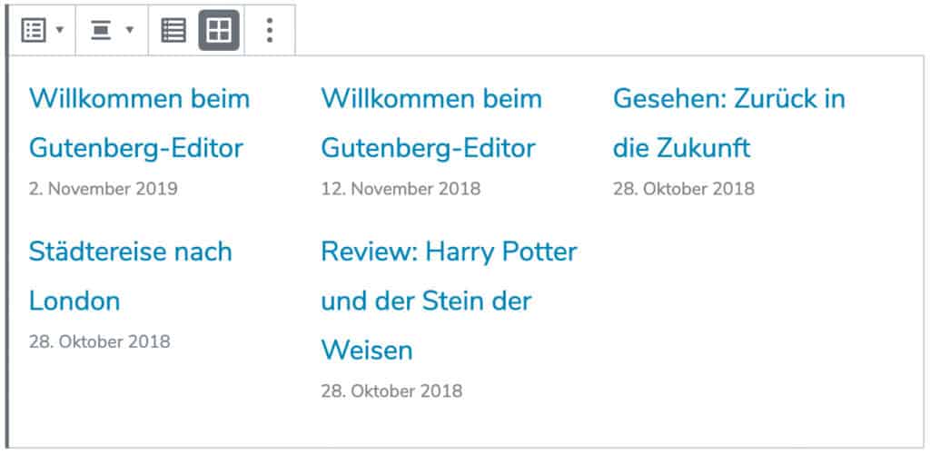Screenshot des Neueste-Beiträge-Blocks, mit Beispiel-Beiträgen in der Rasteransicht.