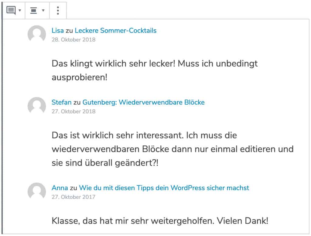 Screenshot des Neueste-Kommentare-Blocks, mit drei Beispiel-Kommentaren.
