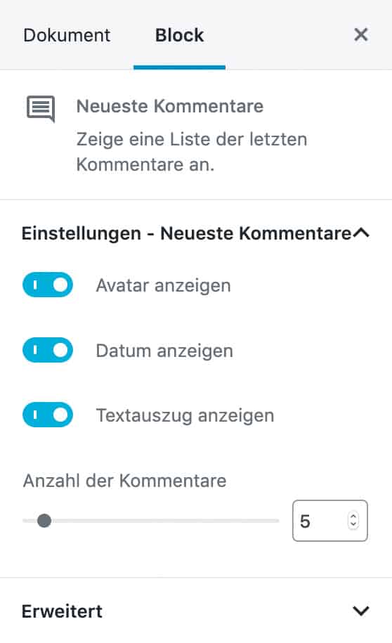 Screenshot der Neueste-Kommentare-Einstellungen in der Seitenleiste.