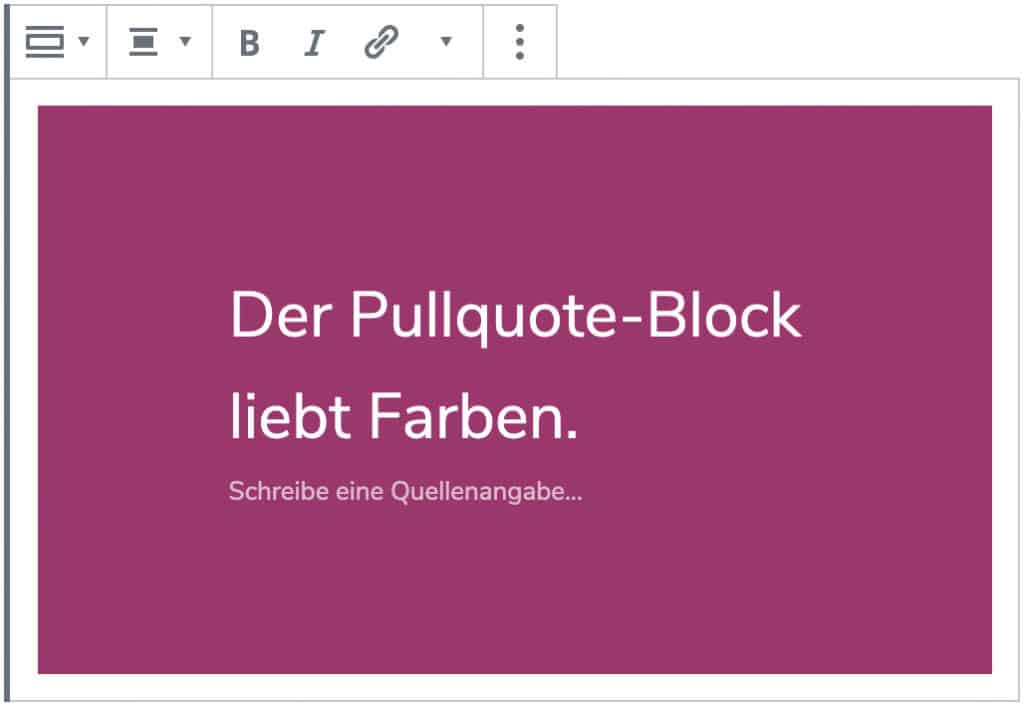 Screenshot des Pullquote-Blocks, nachdem ein Zitat hinzugefügt wurde und der Stil geändert wurde.