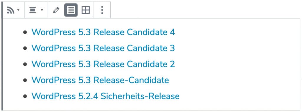 Screenshot eines RSS-Blocks, nachdem eine URL hinzugefügt wurde. Weitere Einstellungsmöglichkeiten und eine Liste von Beiträgen ist zu sehen.