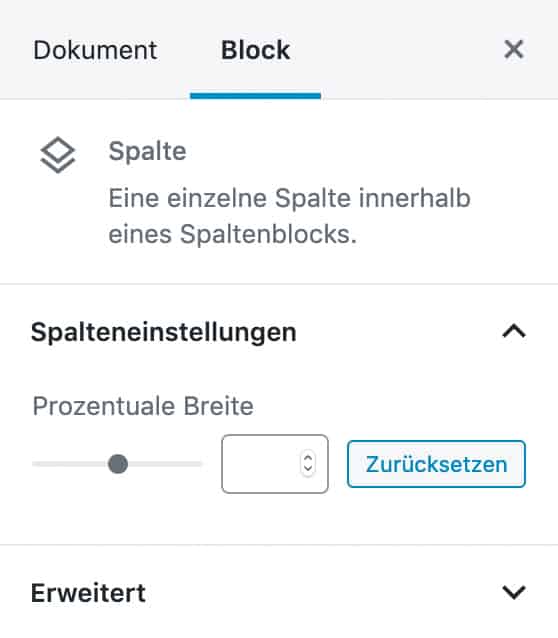 Screenshot der Einstellungen für eine einzelne Spalte. Es kann eine prozentuale Breite angegeben werden.